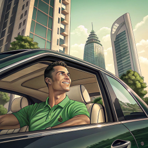 Cristiano Ronaldo, in a green polo shirt, sitting in a luxurious car. The car is parked in front of a high-rise building.