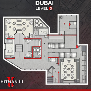 Detailed map illustration of Hitman III's Dubai Level 3. Stylized design with gray tones, showcasing intricate room layouts and corridors. Top label reads 'Dubai', with 'Level 3' below. Hitman III logo prominent. Red arrows guide through paths and directions.
