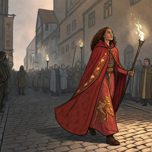 Gina Torres, clad in a fiery red cloak adorned with celestial symbols, walks on a cobblestone street during a festival. Surrounded by a crowd in medieval attire, torches casting flickering shadows.