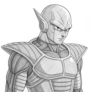 Line drawing of an alien warrior from Dragon Ball Z. Bald head, rigid and angular design, detailed muscular physique, featuring intricate angular lines and patterns.