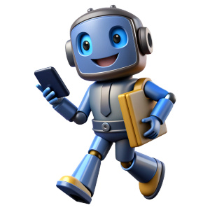 Robot Comic Character, Low Poly, Smiling Face walking in New York street, phone in his hand