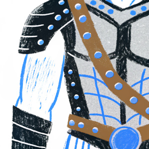 Illustration of Thor's torso in Marvel's Thor: Ragnarok. Armor has intricate, dark metallic details with brown belt and studs. Depiction focuses on texture and shading with a dark color palette.
