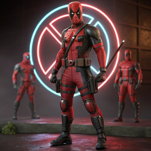 High-definition render of Deadpool. Character is in various striking poses, set against a glowing neon backdrop. Render showcases detailed anatomy, clothing, and accessories.