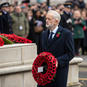 Photograph of Jeremy Corbyn, at the Cenotaph for Remembrance Sunday. Wearing a dark suit and tie, holding a wreath. Outdoors, surrounded by a diverse crowd.