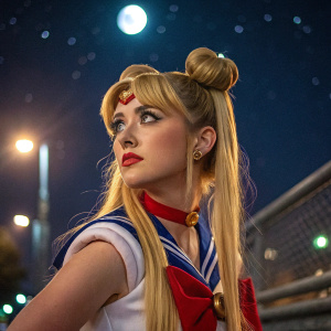 Ella Pumell, with long, blonde hair. She is the character Sailor Moon, with the classic Sailor Moon costume, Sailor Moon's odango style hair. she is looking forward, The night is in the background. cinematic shot, dynamic lighting, 75mm, Technicolor, Panavision, cinemascope, sharp focus, fine details, 8k, HDR, realism, realistic, key visual, film still, cinematic color grading, depth of field, natural beauty. (Close-up in your face) sedutive look, seductive look, sparkle in the eyes, 