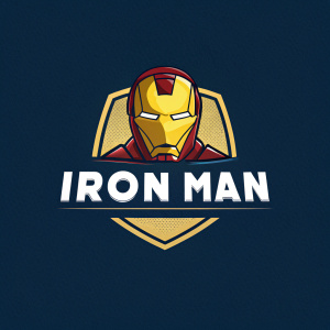Stylized Iron Man logo. Dark blue background, golden helmet. Bold text in white sans-serif font.