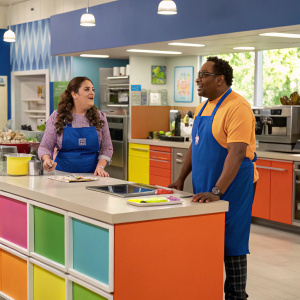 Lauren Ash and Kaliko Kauahi, in 'Superstore' kitchen scene, Mark McKinney standing nearby. Brightly lit set, colorful countertops, modern appliances.