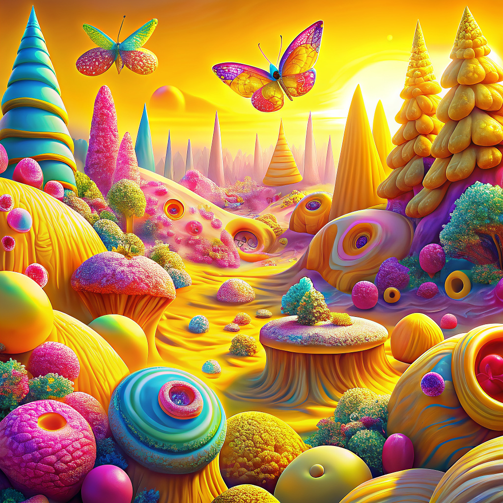 yellow and pink dreamland with mini butterflys some donut and 3d shape