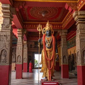 Hindu god Shiva statue inside a temple in Varanasi. Ornate gold and red details