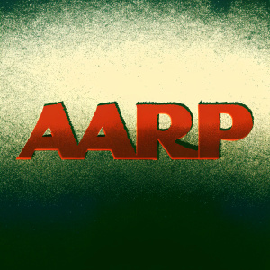 AARP logo with bold, red letters. Stylized human figure integrated into design. Registered trademark symbol included. Logo on a stark white background.