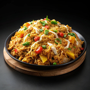 Generate an image of a traditional cheesy kottu dish. The dish should feature a mound of cheesy kottu accompanied by a meat and flavorful batter. The batter should be made with a variety of ingredients such as vegetables and chicken with melting cheese on top. It should be aromatic and visually appealing, with vibrant colors and fragrant spices. The kottu should be cooked to perfection, with each grain distinct and tender, dish should be black in a white empty background.