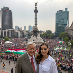 Andrés Manuel López Obrador and Beatriz Gutiérrez Muller stand in the bustling heart of a vibrant city square. The square, alive with a multitude of people, represents a rich mosaic of cultures and generations. Behind them, towering over the crowd, stands a grand statue and a waving banner.