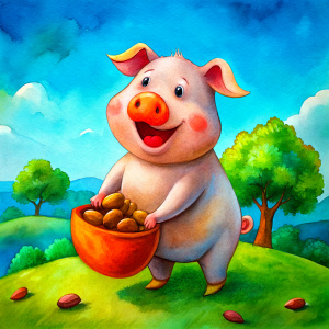 cheerful cartoon fat pig collecting acorns, black line drawing. white background