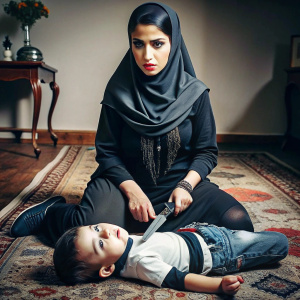 دختر جوان  ایرانی با حجاب، چادر مشکی و جوراب بلند نازک مشکی، کفش های پاشنه بلند مشکی و چاقو در دستان دختر دانشجوی ایرانی که پشت یک طاس 3 ساله افغانی نشسته بود. پسربچه ۳ساله که روی فرش دراز کشیده است و چاقو در گلوی پسر 3 ساله قرار داده است. او افغانی را با چاقو سر می برد داخل اتاق قدیمی خون پسربچه ۳ساله روی زمین می ریزد