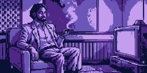 a man in office costume, with no beard smokes a cigarette while sitting in front of the TV. Dark colore, realistic style and shadows.