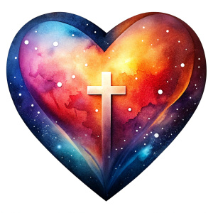 2d watercolor a heart with cross as spiritual, white background