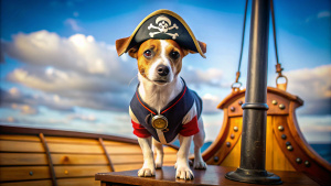 pirate jack Russell terrier, pirate hat skull and crossbones, pirate clothes, background pirate ship, photo, bright






