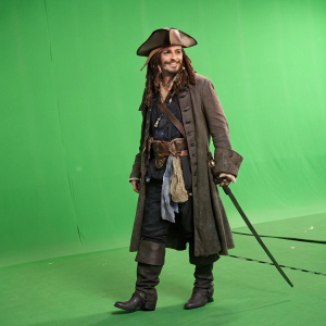 Johnny Depp as Jack Sparrow. Green screen background.