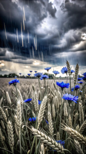 поле с пшеничными колосьями, большими ярко-синими васильками, сильный дождь, ветер и темные тучи