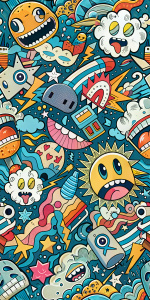 estampado abstracto,  caótico, colorista,dibujos de comic, expresiones y emojis.  colores planos, tinta plana. Vector style, popart