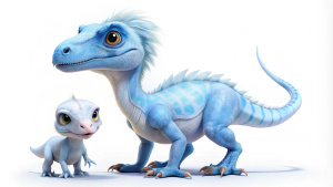 baby blue velociraptor, white your friends dinosaur, with white background.