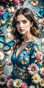 full body portrait of a gorgeous young ana de armas, A highly detailed and hyper realistic lisa frank, trending on artstation, butterflies, floral, sharp focus, studio photo, intricate details, highly detailed, by Tvera and wlop and artgerm, alberto seveso and geo2099 style