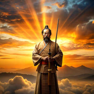La imagen presenta un samurái postrado en reverencia, con su espada katana clavada verticalmente en el suelo frente a su shogun. Su armadura tradicional brilla bajo la luz tenue del atardecer, mientras el cielo se tiñe de tonos anaranjados y púrpuras. Frente al samurái, el shogun, en un trono elevado, observa con seriedad la muestra de respeto. La iluminación destaca tanto la figura del samurái como la solemnidad del gesto, creando una atmósfera intensa y reflexiva.