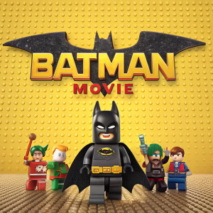 Movie poster for The Lego Batman Movie featuring Batman and a cast of Lego characters. Bright yellow backdrop with dotted pattern.