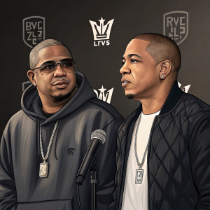 Irv Gotti and Ja Rule at a press conference. Black background with company logos. Both dressed in casual wear.