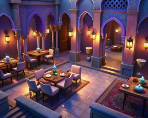Moroccan restaurant interior, screenshot from The Sims 4