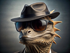 Close-up of dragon wearing black sunglasses and a black hat, studio light,gray background