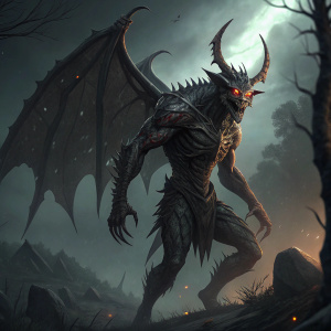 Illustration of Orobas, a mythological demon, detailed anatomy and features. Dark and ominous background