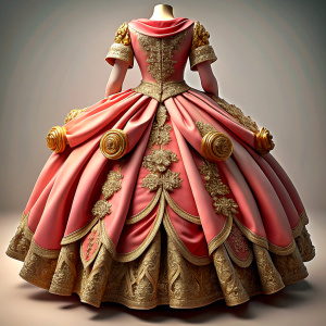 rose and gold quinceañera dress from behind on a white background