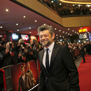 Andy Serkis, dressed in a black suit and tie, at the movie premiere. Crowded theater lobby, flashing cameras