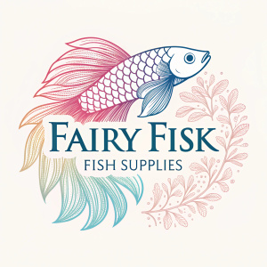 Fairy Fisk Fish Supplies logo, vibrant and sleek design with intricate patterns and soft hues. The logo is minimalist yet bold, set against a light background, with the company name in an elegant font.