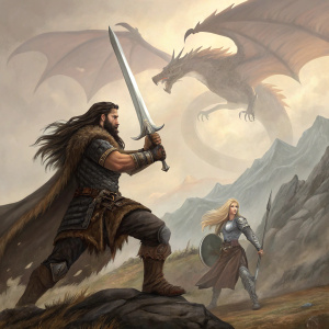 Digital artwork showcasing a rugged, bearded warrior wielding a massive sword. Long dark hair flows behind him as he stands triumphantly on a battlefield. Beside him, a valkyrie-like figure with flowing blonde hair and armor stands defiantly. In the background, a monstrous dragon looms over the scene.