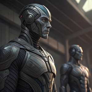 Concept art for android-like characters from X-Men Apocalypse. Futuristic design, metallic and synthetic elements. Gray tones with shading. Focus on physique and design. Digital illustration.