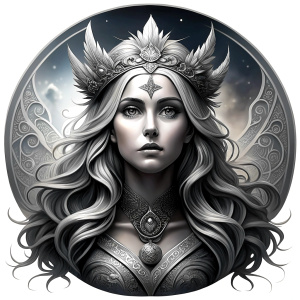 Saga, The Seer - Nordic Goddess of Sagas & Myths perfect realistic art, high-definition grey and black, white background tattoo design