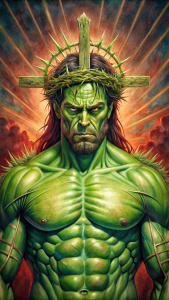 Hulk as an icon of jesus on the cross and a crown of thorns on his head