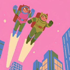 A high-tech, digital illustration of the SWAT Kats characters in an urban environment. Razor and Tyro hovering above city buildings, night-time scene