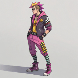 Digital artwork featuring Junkrat from Overwatch. Character illustrated with punk aesthetic, vibrant color palette including pink, purple, black, and checkered patterns. Background is plain, neutral grey.