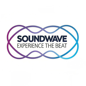 Modern logo featuring the Soundwave brand. Purple and blue swirls intertwined with bold sans-serif text for 'Soundwave' and sleek, simple font for 'Experience the Beat'