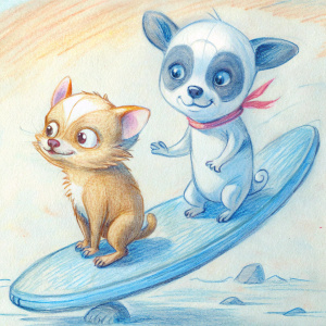 a Chiuaua on the surfboard with a panda