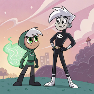 Danny Phantom and his enigmatic ally from The Owl House stand side by side in Amity Park. The ally’s white hair gleams, adorned with a glowing artifact. Set against a backdrop of pastel pinks, their vibrant colors and dynamic poses highlight their bond. Dark outlines and vivid hues dominate the scene.