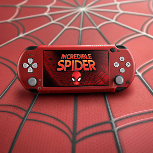 High-quality image showcasing a red Sony PSP. Spider-Man themed background with bold text reading 'Incredible Spider 3'.