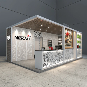 3D rendering of Nescafe cafe concept. Sleek, modern design with prominent Nescafe logo in bold, black letters. Combination of grays and white panels with abstract design. Contemporary and minimalist style with clean lines and modern aesthetic. Logo displayed on side. Neutral gray-tone backdrop.