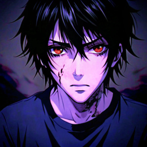 muestra a un hombre joven con el pelo negro y ojos rojos y remera negra. Tiene una expresión seria y parece estar herido. La imagen está dibujada en un estilo de anime oscuro y gótico.