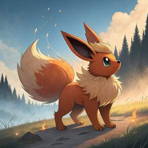 Digital artwork showcasing a Flareon, a Pokemon with a brown, fluffy coat and distinctive features.