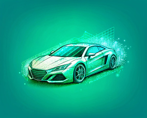 Draw a logo like the hood of a BMW car turns into pixels; draw the combination of a sports car and how its hood turns into pixels and falls apart, turning into code and wires. Make a car in profile, side view