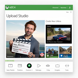 Realistic screenshot showcasing the Upload Studio app on Xbox One. User-friendly interface featuring options for creating new videos, starting from templates, and managing clips. Main elements include a man with a clapperboard and Forza Horizon 2 theme.